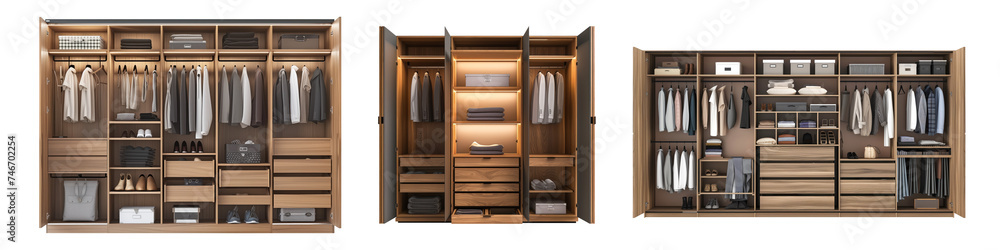 Set of open wardrobes made of solid wood varnished isolated on a white or transparent background. Close-up of an open wardrobes filled with clothes and towels. Design element on theme of furniture Set of open wardrobes made of solid wood varnished isolated on a white or transparent background. Close-up of an open wardrobes filled with clothes and towels. Design element on theme of furniture