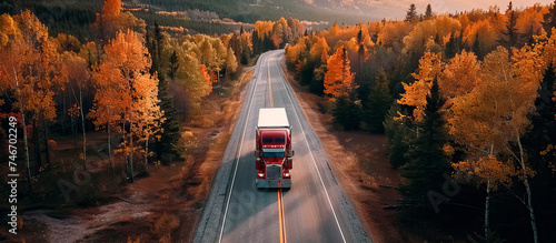 aerial view of large red truck on the road through a green forest. Drone point of view