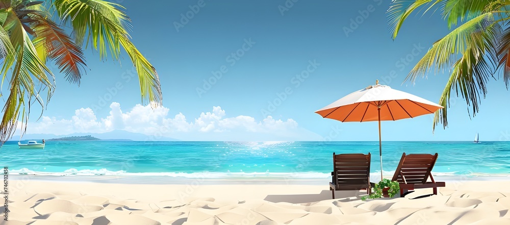 Naklejka premium Lounge Chairs and Umbrella on a Tropical Beach