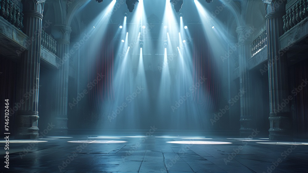 Stage with illuminated spotlights, Blue spotlight smoke stage entertainment background. Magic theater stage red curtains Show Spotlight, Stage white smoke spotlight background, Generative Ai 