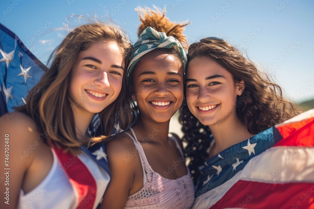 Group of happy three young multi-ethnic women holding American flag celebrating 4th of July.