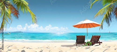 Lounge Chairs and Umbrella on a Tropical Beach