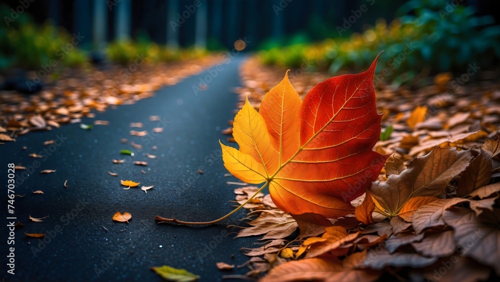 One big orange leaf and golden leaves gently descending from trees onto a tranquil path, vibrant autumn background One big orange leaf and golden leaves gently descending from trees onto a tranquil path, vibrant autumn background