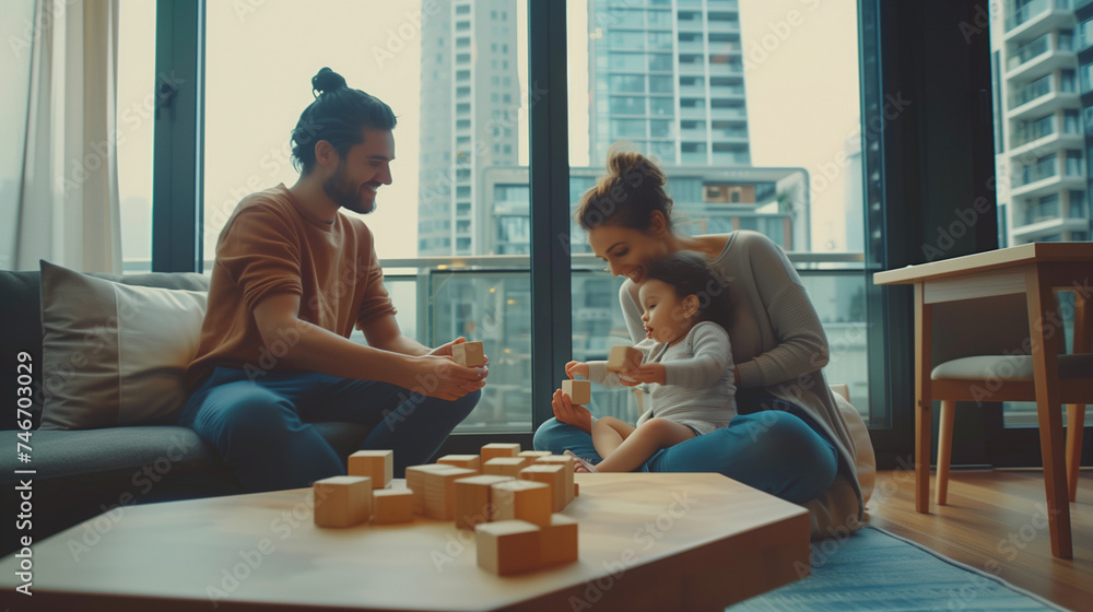 Carefree couple relaxing on sofa, little daughter play wooden cubes seated at table on floor, family spend pastime in modern apartment in skyscraper building. Leisure, new home, bank loan, tenancy - obrazy, fototapety, plakaty 