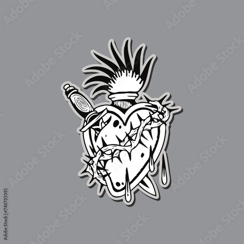 Black and white old school sacred heart of Jesus tattoo. religious tattoo, sacred heart with crown of thorn pierced by a sword.