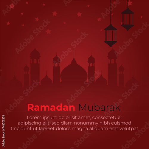 Happy Ramadan Mubarak. Card with Arab mosque tower and moon. Modern Islamic design. Religious holidays. night landscape Vector design illustration set.