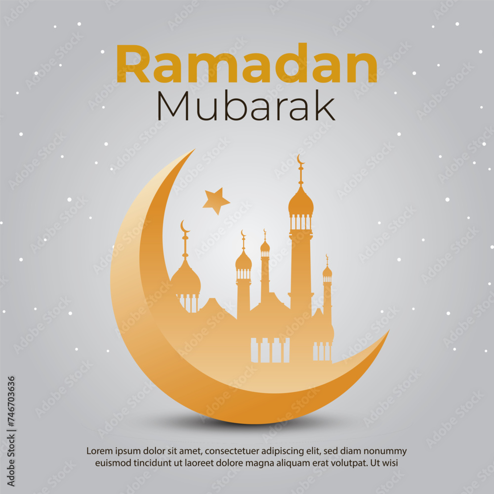 Ramadan Kareem golden moon and mosque on white background. Elegance Islamic Celebration Card. Vector Illustration.
