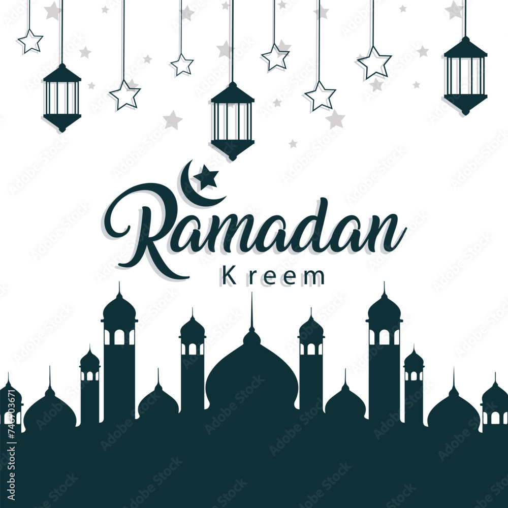 Ramadan Kareem greetings template design. islamic celebration background. islamic greetings ramadan kareem card design with crescent and lantern.
