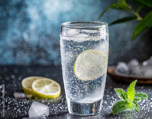 Bicchiere di acqua ghiacciata naturale o frizzante. 
Acqua con limone o lime. Cocktail alcolico o analcolico photo