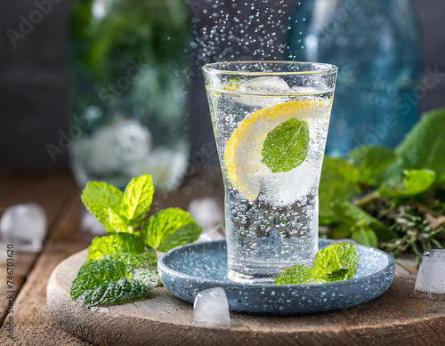 Bicchiere di acqua ghiacciata naturale o frizzante. Acqua con limone o lime. Cocktail alcolico o analcolico