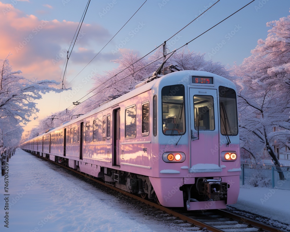 an underground train in an winter scene, in the style of photography, aerial photography, light purple and green, romanticized views, white and orange, white and azure