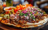 A vibrant and overloaded shawarma plate, bursting with colors and flavors, showcased in a cozy dining setting with a focus on the rich toppings.