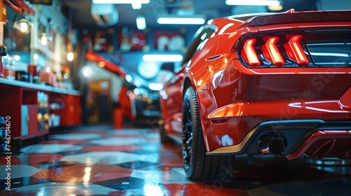 Red Mustang in a Garage Cinematic Lighting and Anamorphic Lens Flare © kiatipol