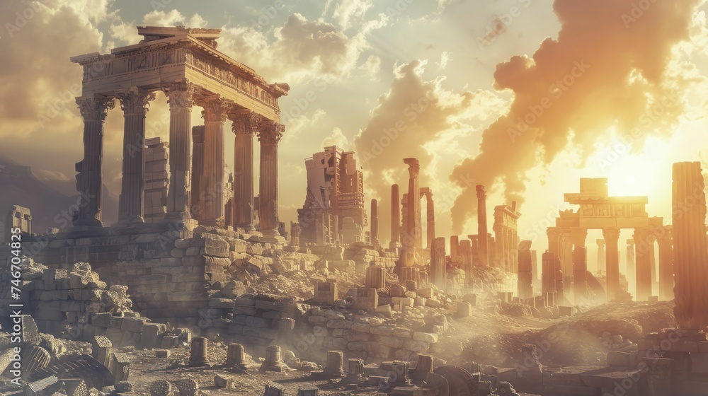 Fototapeta premium The city skyline is slowly morphing into ancient ruins, marking a reverse evolution of urban landscapes.