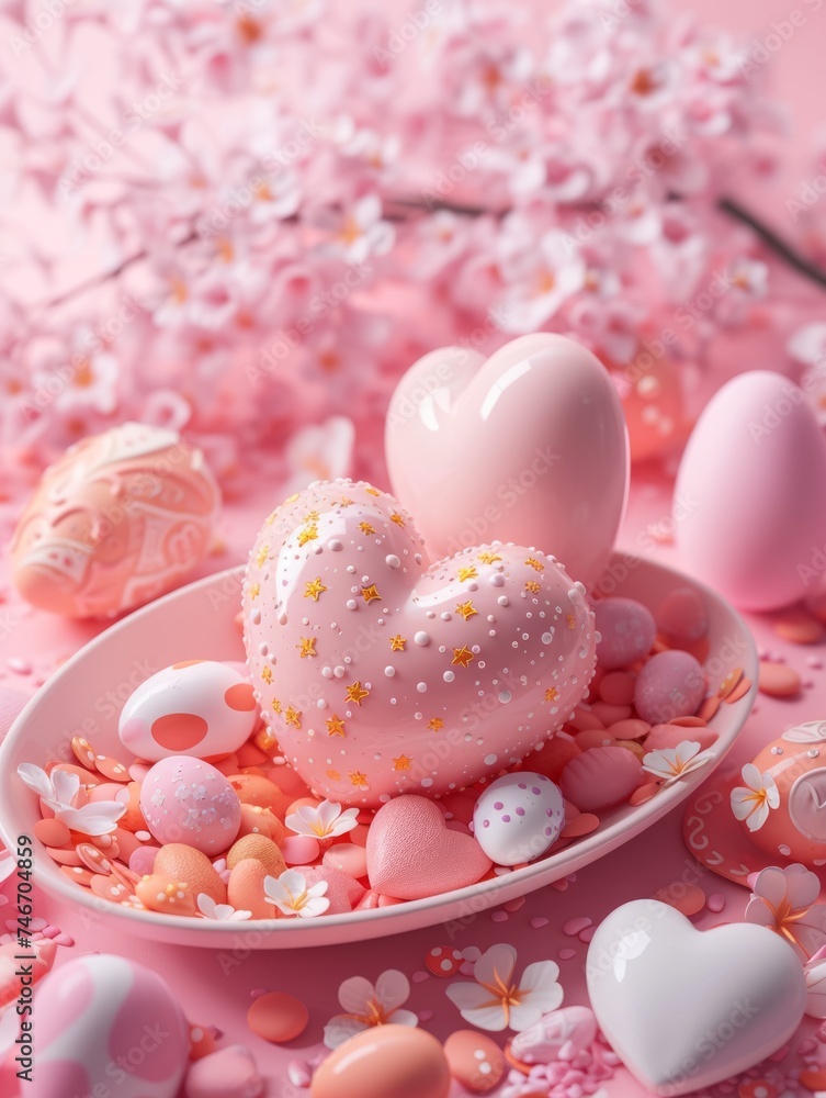 Easter decoration with pink hearts, Easter eggs in pink color in a plate. Spring pink flowers in the background.
