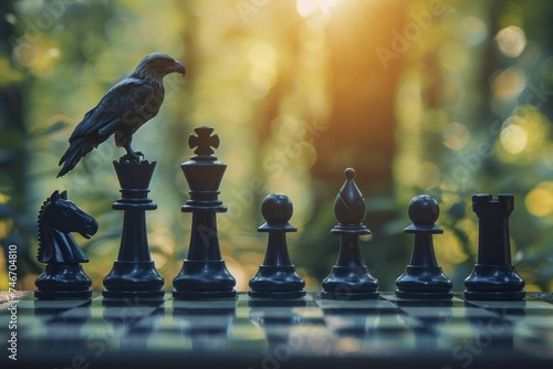 Chess pieces on board with eagle shadow overlay, symbolizing strategy, blur forest backdrop.