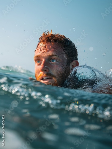 A bearded man swims at the ocean's surface, sunlight illuminating his features. The peaceful waters around him reflect the golden hour's warmth. © Artsaba Family
