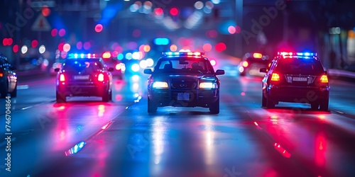 Police pursuit fastmoving vehicles in blurred motion under cover of night. Concept Police Pursuit, Fast-moving Vehicles, Blurred Motion, Night Scene, Action-packed photo