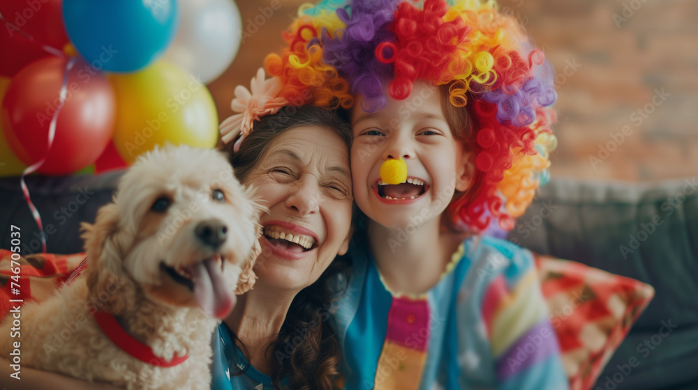 Happy little granddaughter and grandma in clown wigs stroking dog, sitting on couch, laughing, looking at camera for funny portrait, meeting for playtime at home party, celebrating birthday Happy little granddaughter and grandma in clown wigs stroking dog, sitting on couch, laughing, looking at camera for funny portrait, meeting for playtime at home party, celebrating birthday
