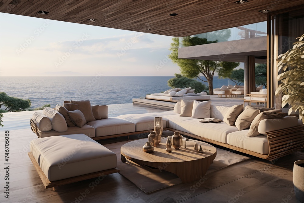 luxury interior of a contemporary design of a living room with sea view terrace