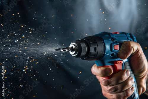 New cordless powered drill in male hand on dark background