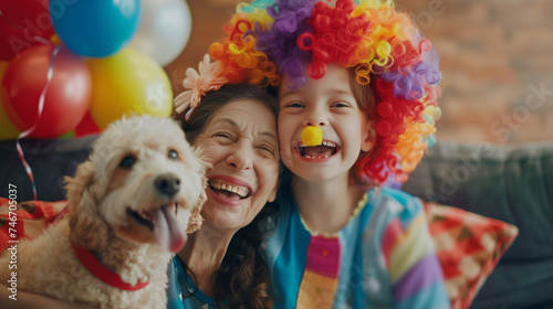 Happy little granddaughter and grandma in clown wigs stroking dog, sitting on couch, laughing, looking at camera for funny portrait, meeting for playtime at home party, celebrating birthday