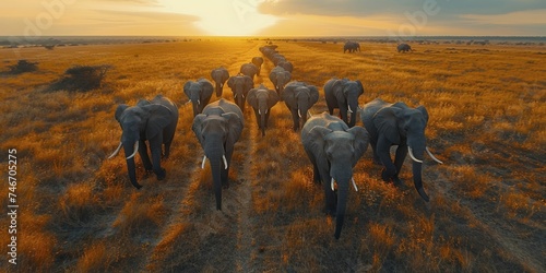 Elephant herd, led by matriarch, navigate savannah strategically with nature's leadership.