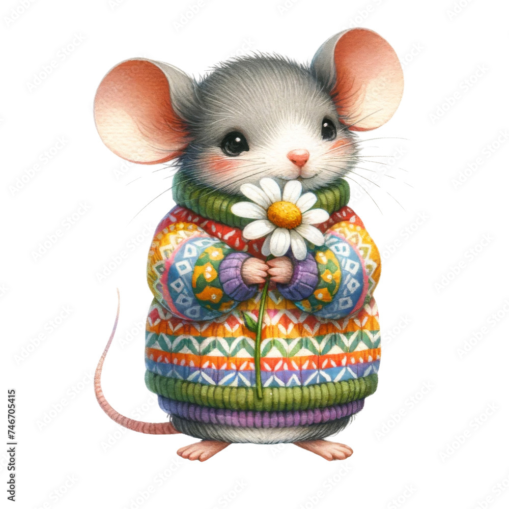 Watercolor illustration of mouse wearing a colorful sweater, holding a white flower,isolated on transparent background.