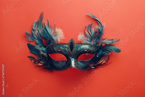 Colorful eye mask with feathers on colorful background. Carnival mask