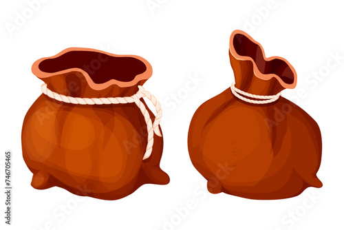 Bag, empty sack set with rope isolated on white background. Game asset, elements. Treasure or prize.