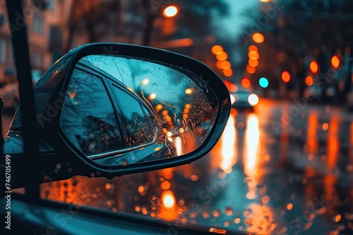 Side view car mirror with reflection at night