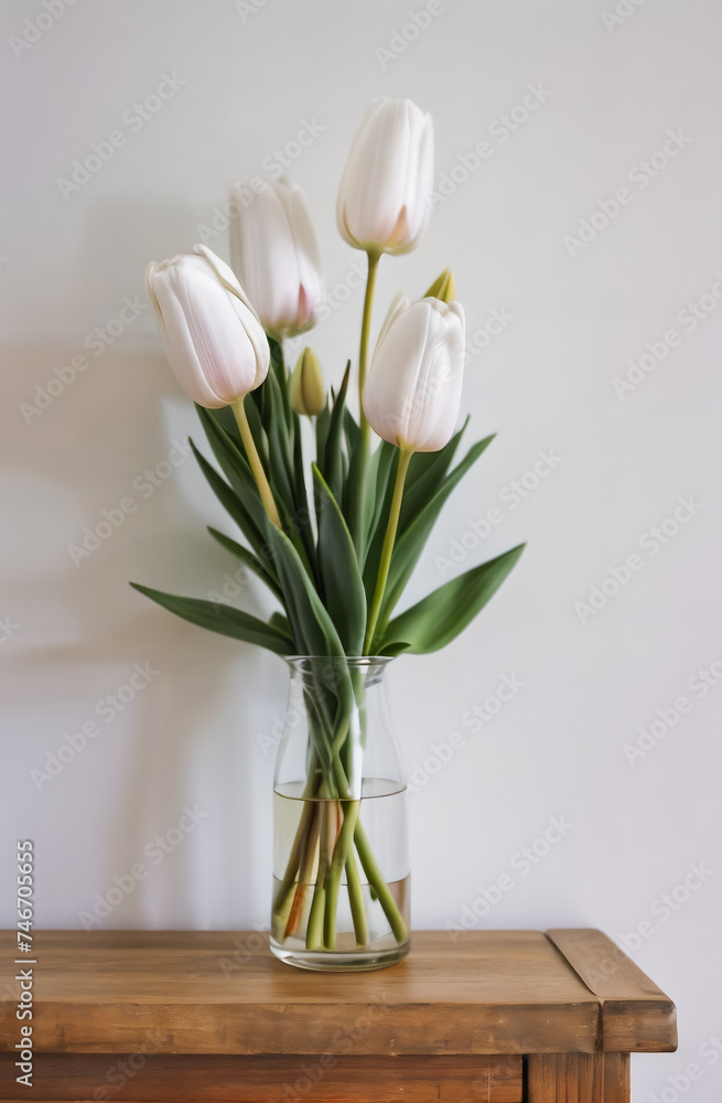 bouquet of white tulips in a glass vase on a wooden table. The tulips are in full bloom and surrounded by green leaves. bouquet of white tulips in a glass vase on a wooden table. The tulips are in full bloom and surrounded by green leaves.