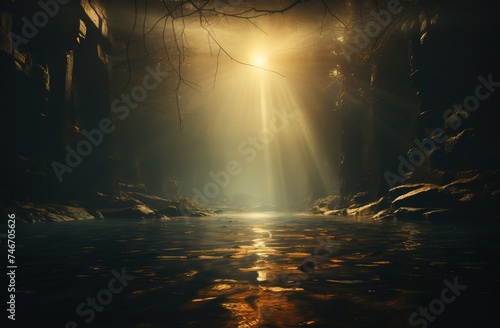 autumn sunrays over a treefilled forest, in the style of landscape photography, wood, light amber and bronze, evocative symbolism, accurate and detailed, mystic symbolism, high resolution