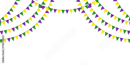 Mardi Gras traditional flag garland. Triangle pennants chain. Party pennants, window or wall decoration decoration. Celebration flags for decor