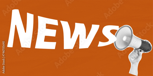 Hand holding megaphone with news lettering. Concept of creativity, mass media influence, information, news, sale. Modern minimal style for poster, banner
