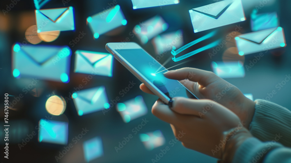 Marketing or newsletter concept, Person use smartphone with virtual Email icons for Send bulk documents via email. Direct selling projects in business List of customers who want to send by email - obrazy, fototapety, plakaty 