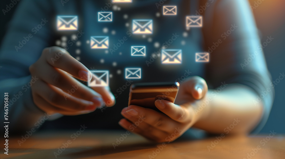 Marketing or newsletter concept, Person use smartphone with virtual Email icons for Send bulk documents via email. Direct selling projects in business List of customers who want to send by email Marketing or newsletter concept, Person use smartphone with virtual Email icons for Send bulk documents via email. Direct selling projects in business List of customers who want to send by email
