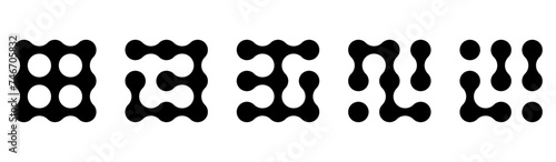 Set of connected black dots. Transition metaballs. Integration symbol. Circles pattern