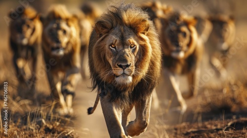 Leader lion hunts strategically, focusing on eyes with blurred savannah backdrop for leadership inspiration.