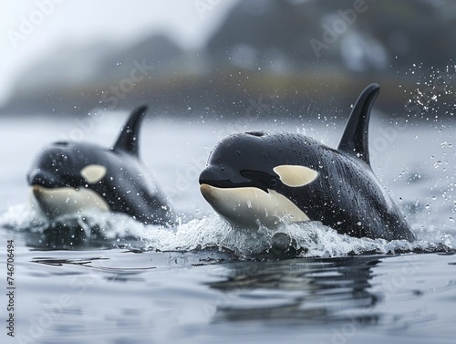 Orca pod hunting together  strategic family unit  leader in focus with blur oceanic background.