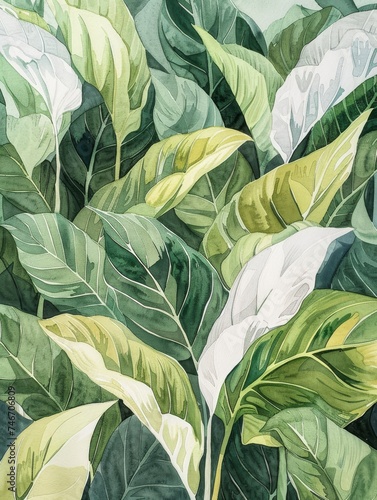 Green Leaves and White Flowers Painting. Printable Wall Art.