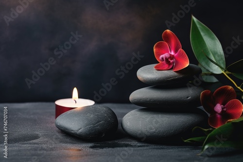 Relaxing spa composition with candle and massage stones. Spa and Wellness Setting with Candle and Stones