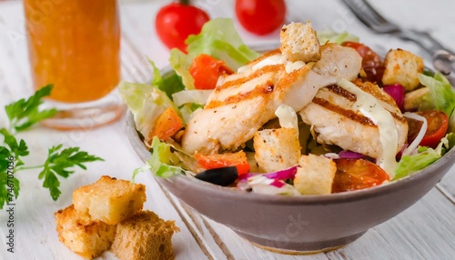 Salada mista com croutons e tiras de frango grelhado. Comida saudável. Mesa de madeira. photo