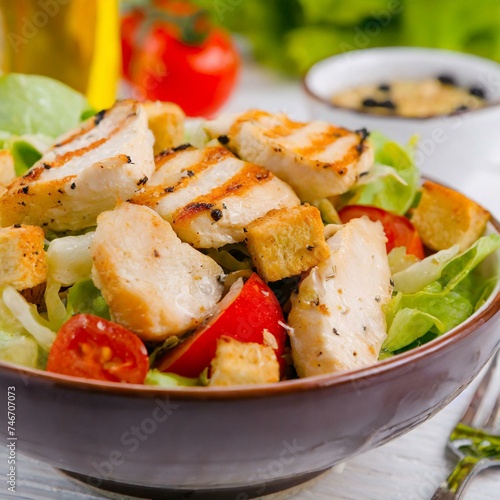 Salada mista com croutons e tiras de frango grelhado. Comida saudável. Mesa de madeira. photo