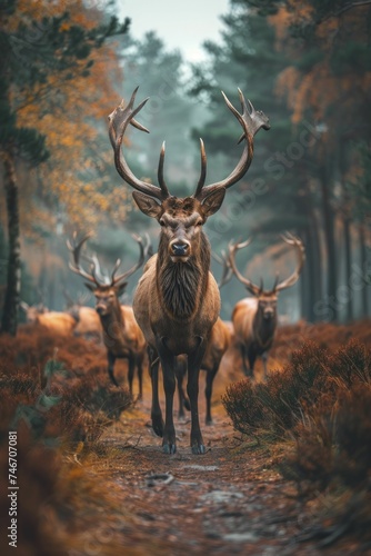 Stag leading herd through forest, majestic leadership, strategic paths, soft blur woodland background.