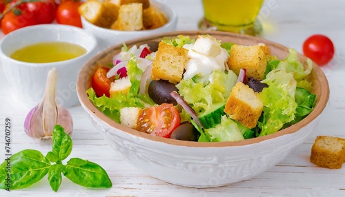 Salada mista na tigela com crountons. Mesa de madeira. photo