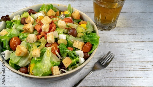 Salada mista na tigela com crountons. Mesa de madeira. photo