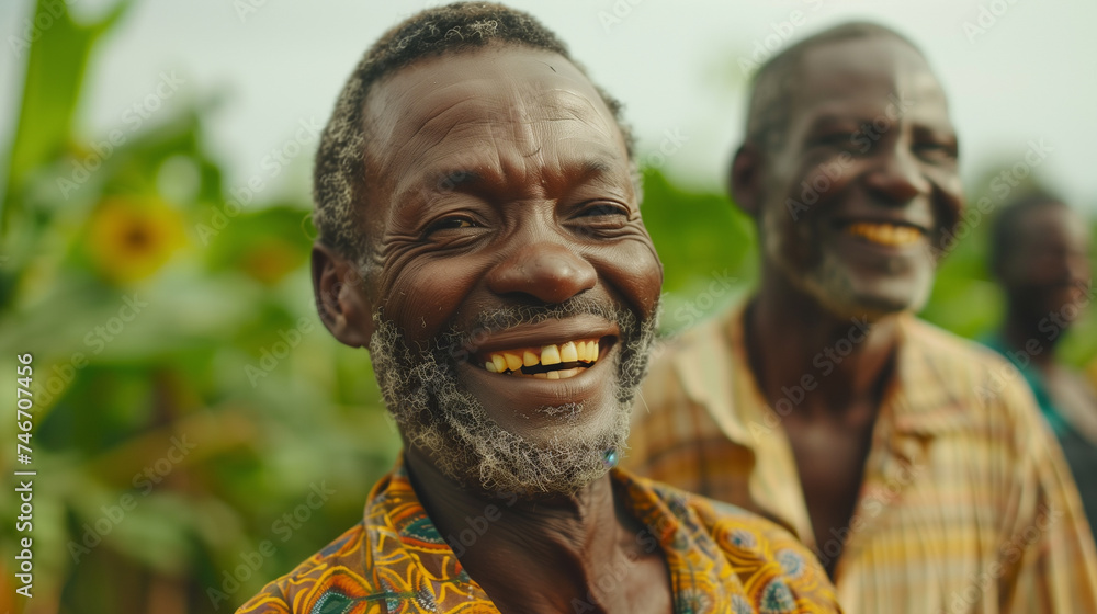 Group of African villager men laughing and happy at a farm. - obrazy, fototapety, plakaty 