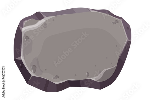 Stone oval game menu panel, button rock frame in comic style textured isolated on white background. Empty plate, interface template.