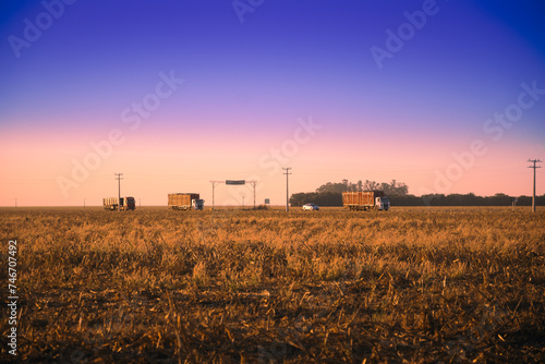 caminhões antigos na estrada ao horizonte, caminhão transportando soja © johnkennedy